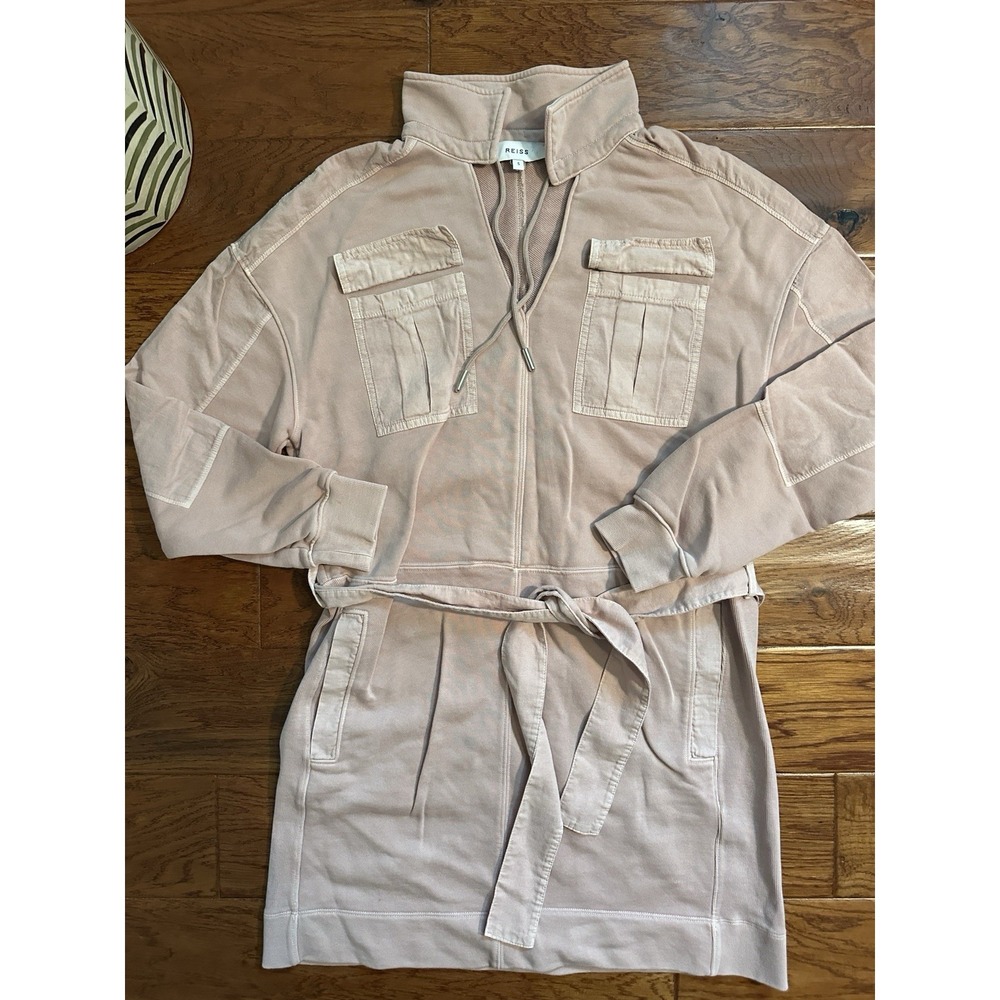 REISS Lila Utility Pocket Jersey Mini Belted Dress Blush Pink Long Sleeve Size S